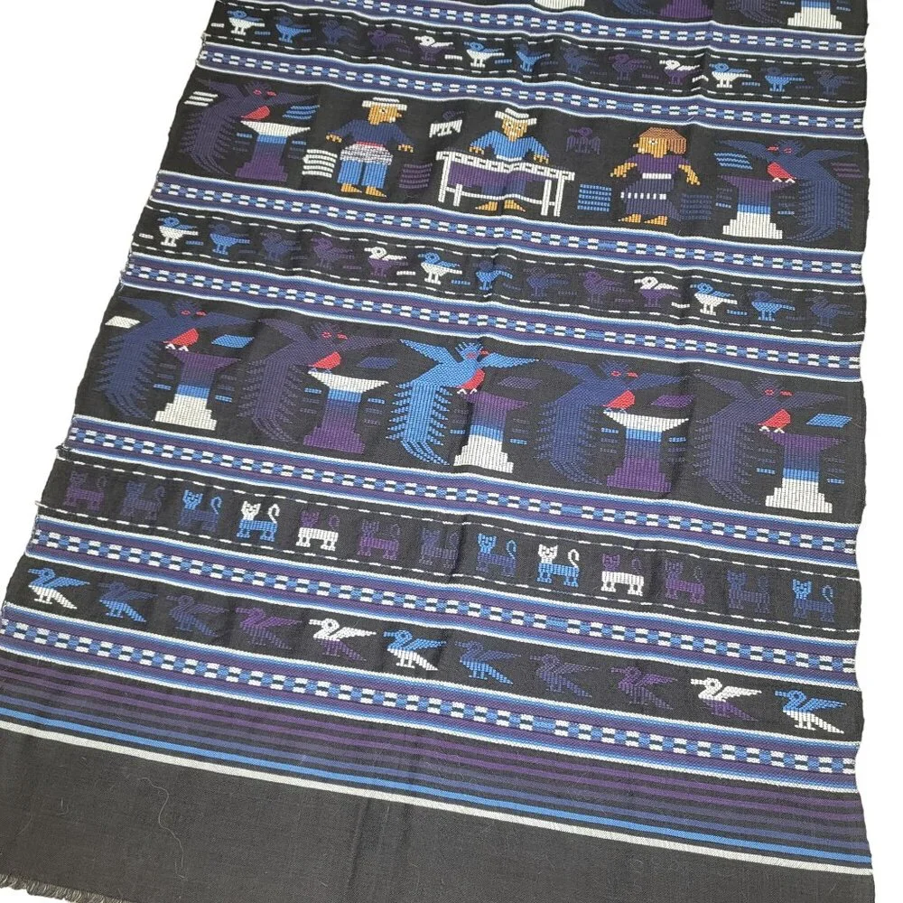 vintage 1980s Handwoven Textile Tapestry Colorful Patterns & Birds 35.5